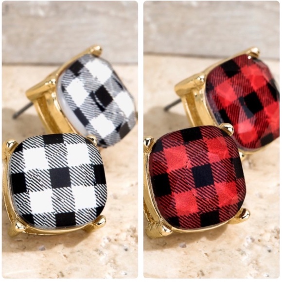 White & Black Buffalo Plaid Print Earrings - Picture 2 of 4